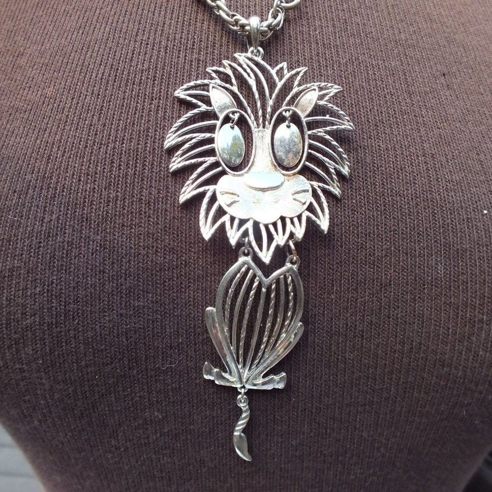 Large Silver Color Lion Pendant, Alloy with Moving Eyes, Signed Alan Jewelry